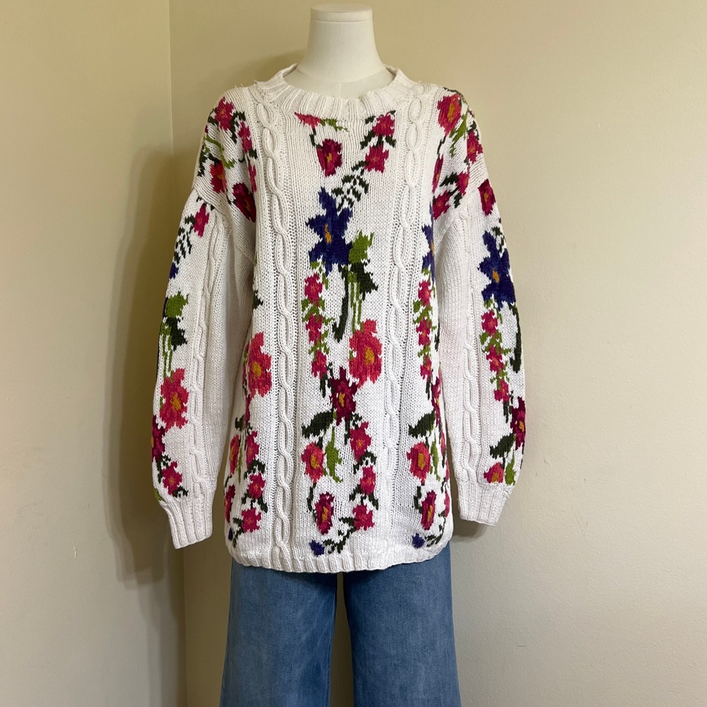 Vintage Express Handknitted Floral Cable Knit Sweater Womens Large White Ramie